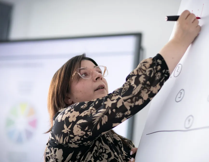 Lisa Treml schreibt während eines Workshops an ein Flipchart und erklärt einen strukturierten Prozess.